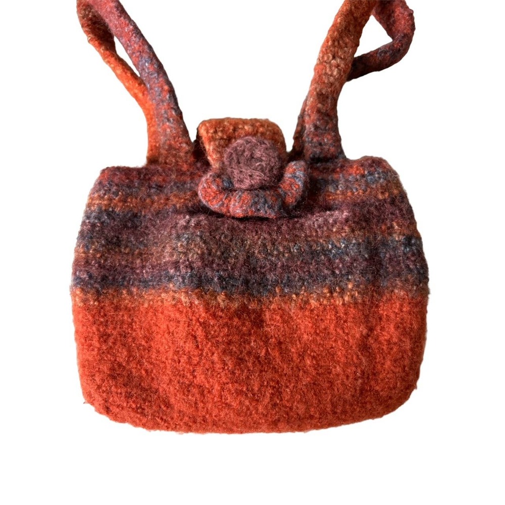 Vintage Hand Crocheted Striped‎ Wool Felted Purse With Flower Detail